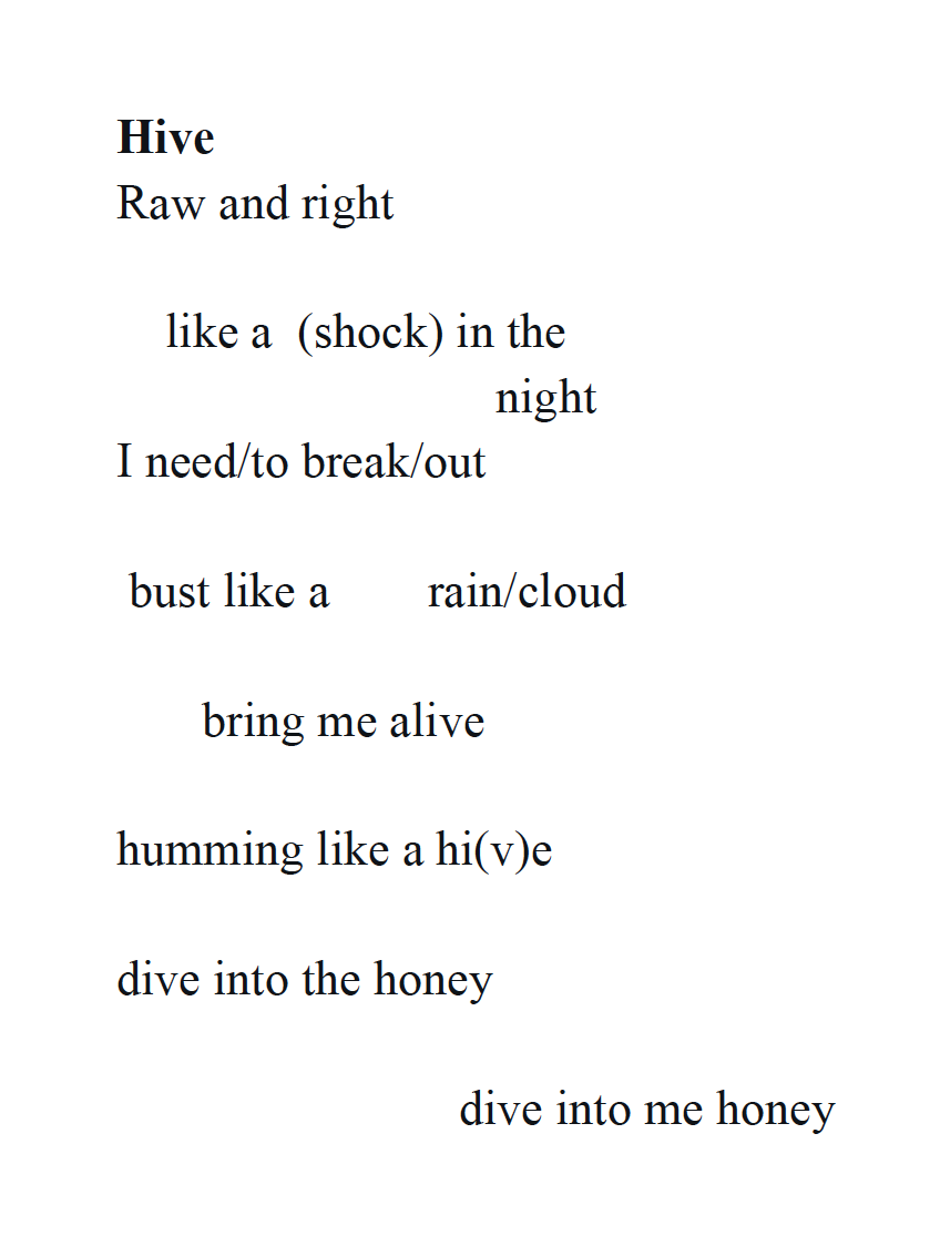 Experimentally formatted poem (text below) is typed in black on a white background.