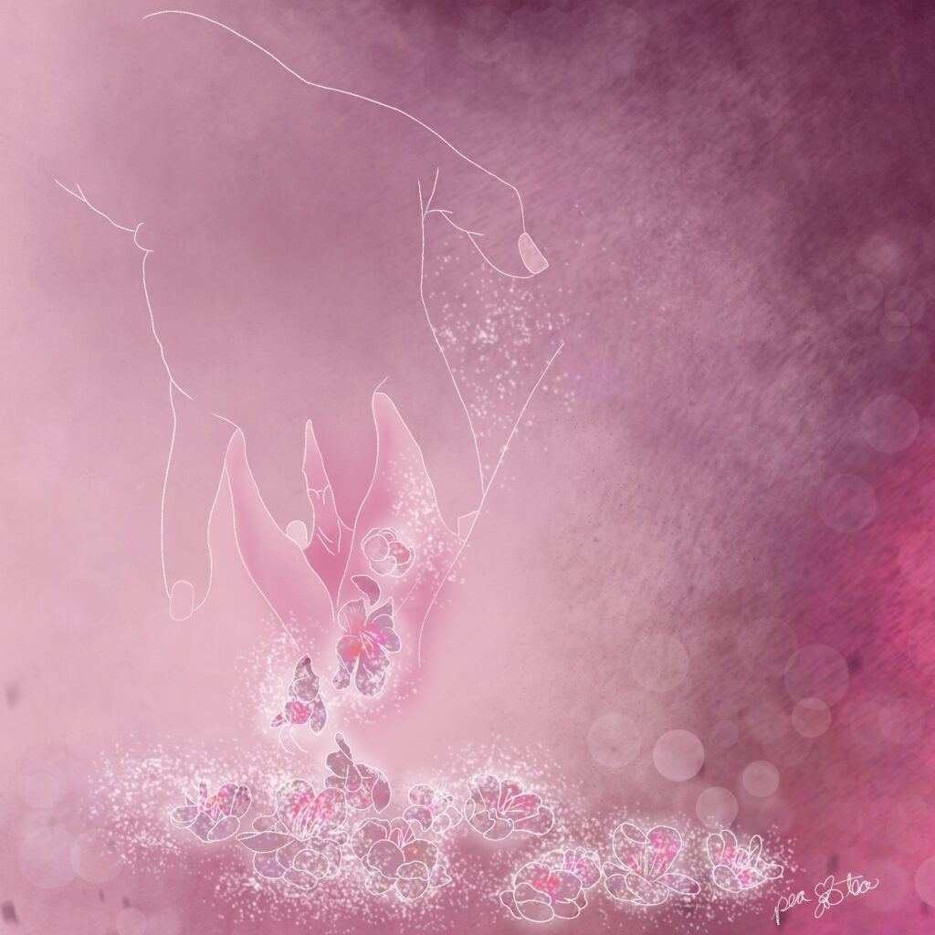 Pink abstract painting of a hand pleasuring a vulva with spills of blooming pink, purple, and white flowers dripping from the labia and fingertips.