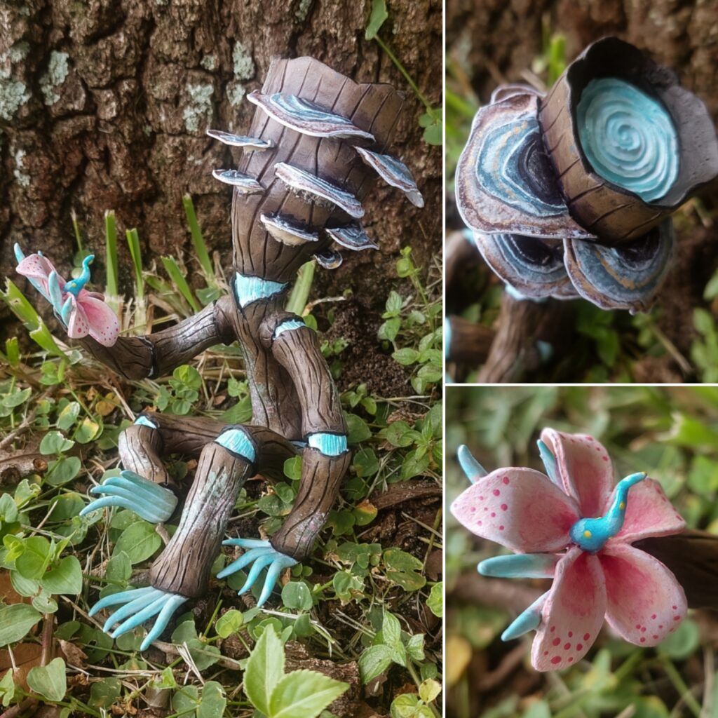 Collage of a clay figure. Figure is an anthropomorphic tree covered in mushrooms. They have blue green roots for fingers and toes. The tree is sitting, holding a pink and green flower.