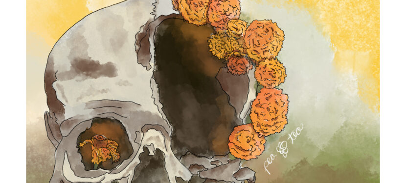 Watercolor painting of a human skull in the weeds. Orange marigold flowers are growing around a hole in the skull on the right side and a single marigold flower is growing in the eye socket on the left side. Text in white frame around image reads "Bone Dust . Lavender Lime Literary, Samhain 2022"