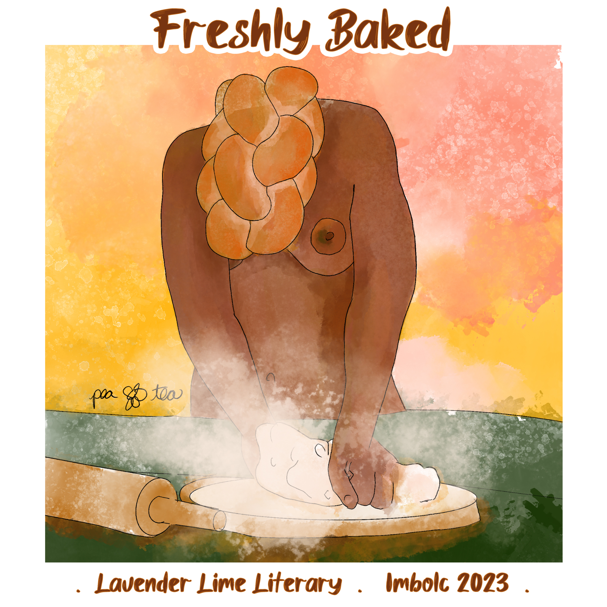 Watercolor painting of a black woman in the nude. Her head is a braided loaf of bread, and she's kneading dough at a green table with a rolling pin and a cloud of flour around her hands.